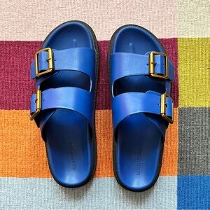 Blue Double Strap Sandals with Gold Buckles